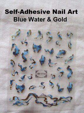 Blue Water & Gold Curvy Lines - Self-Adhesive 3D Nail Art Sticker Manicure